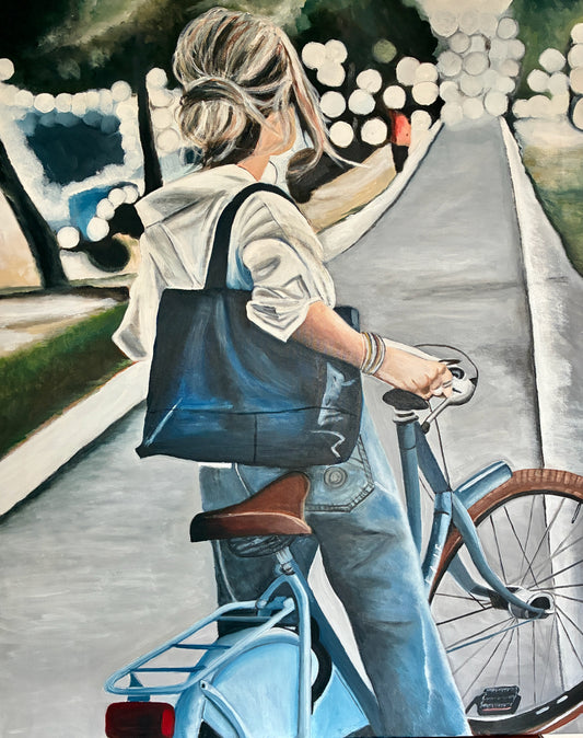 The girl with the blue bicycle- Original Oil On Canvas (80x100)