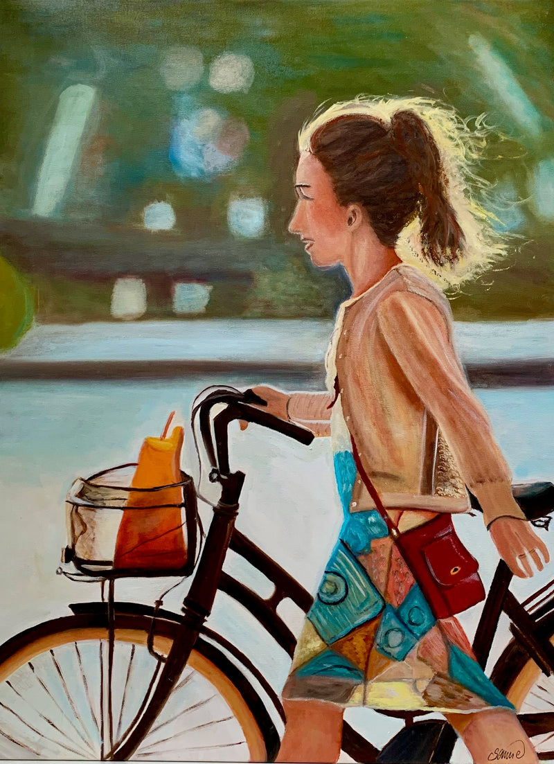 The girl with the bicycle VI - Original Oil On Canvas (60x80)