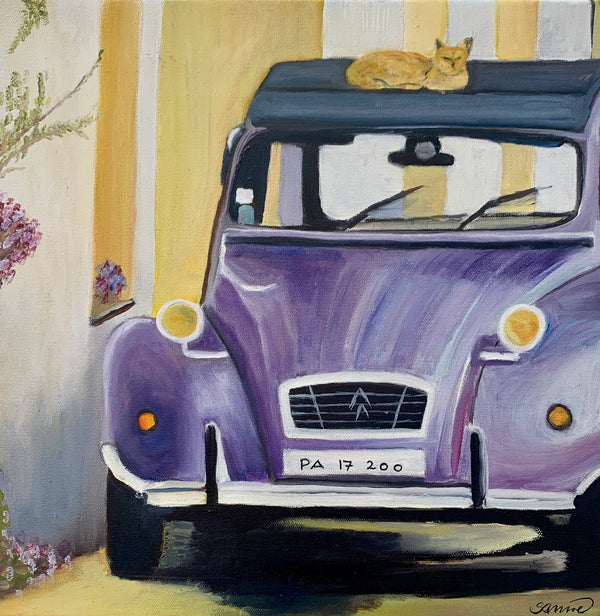 A cat on my car - Original Oil On Canvas (40x40)